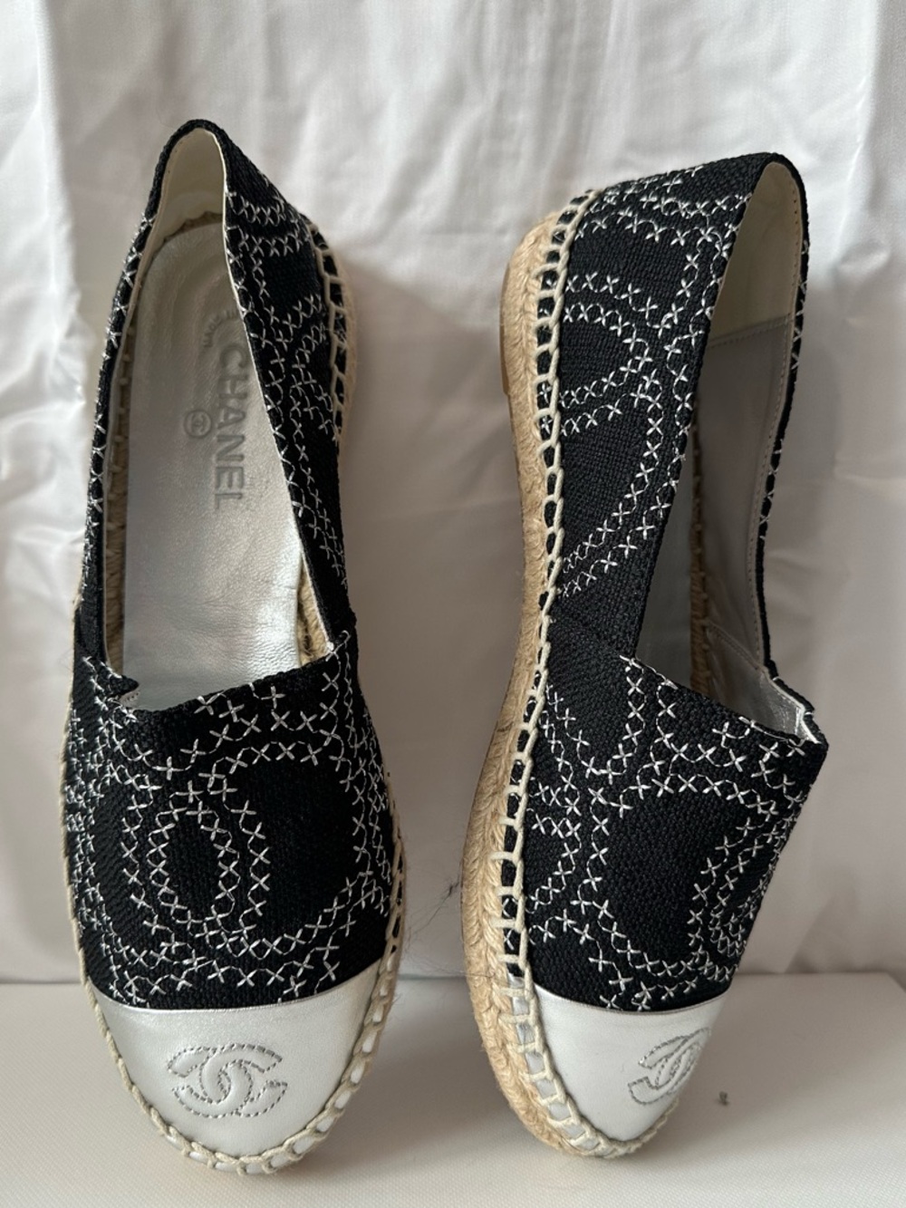 CHANEL metallic silver & black logo Canvas Leather Espadrille Flats - MOVNG SALE